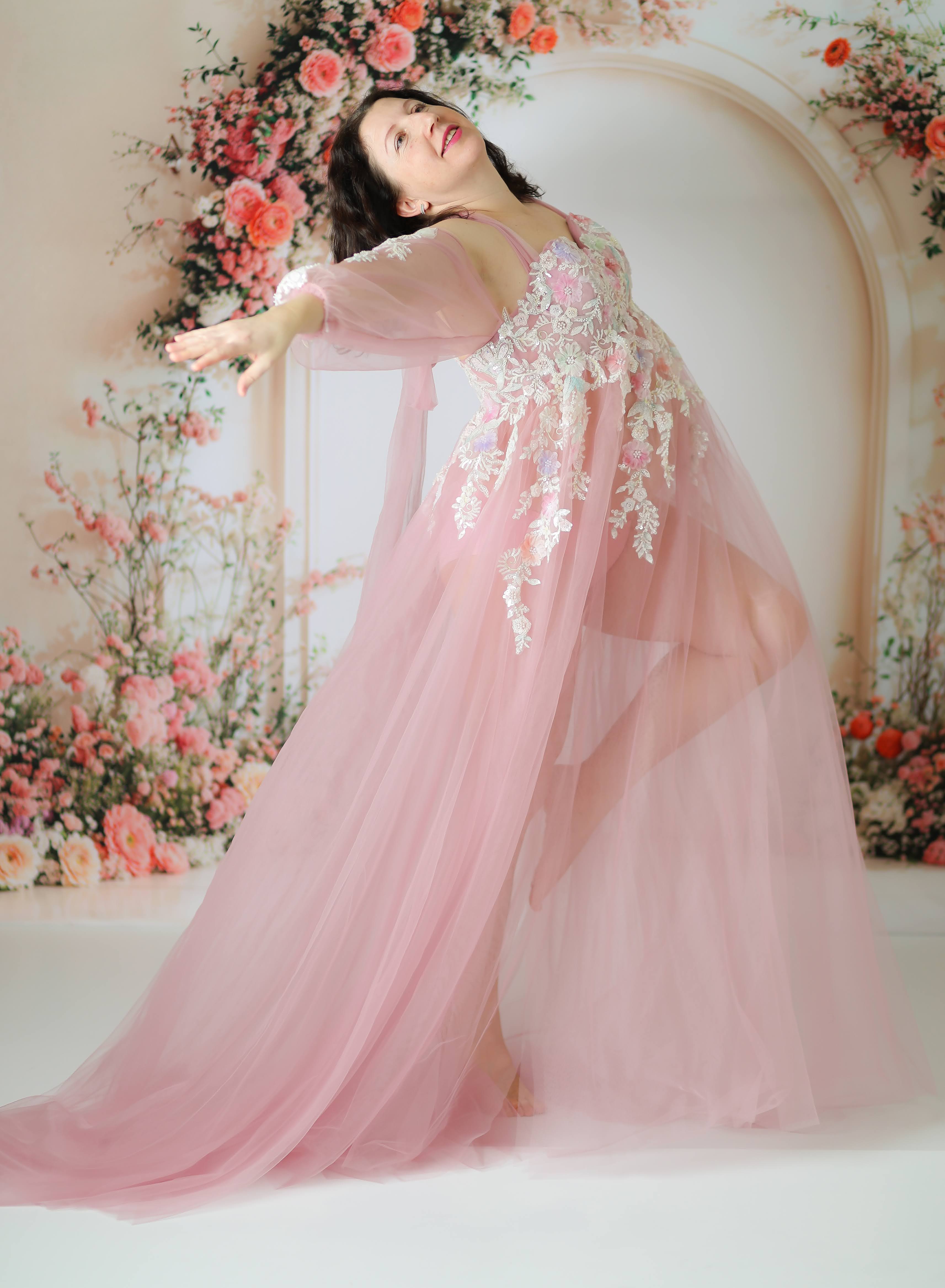 Kate Mesh Hanging Neck Mid Sleeve Trailing Maternity Photoshoot Dress - Kate Backdrop AU