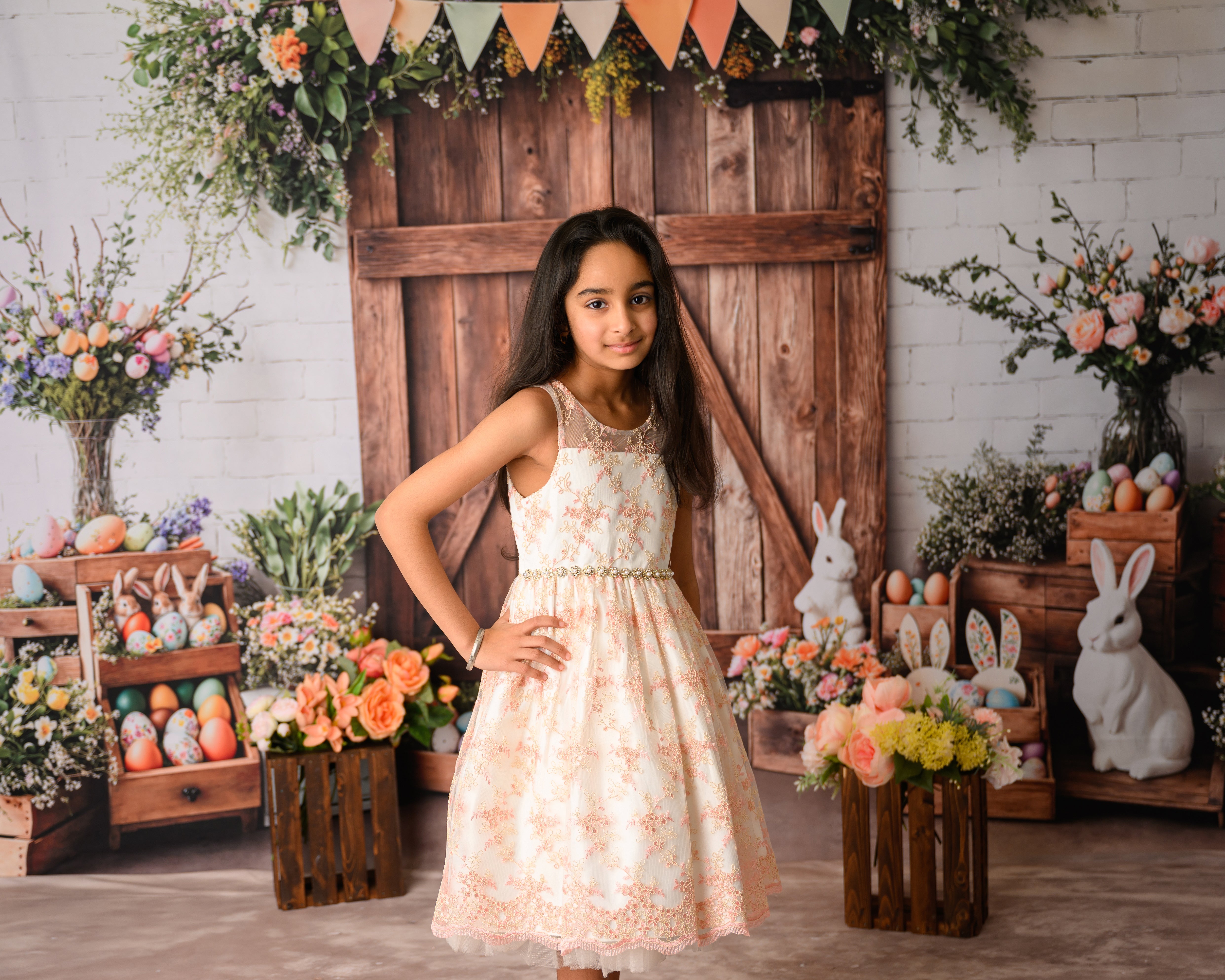 Kate Easter Bunny Barn Door Backdrop+Abstract Texture Floor Backdrop