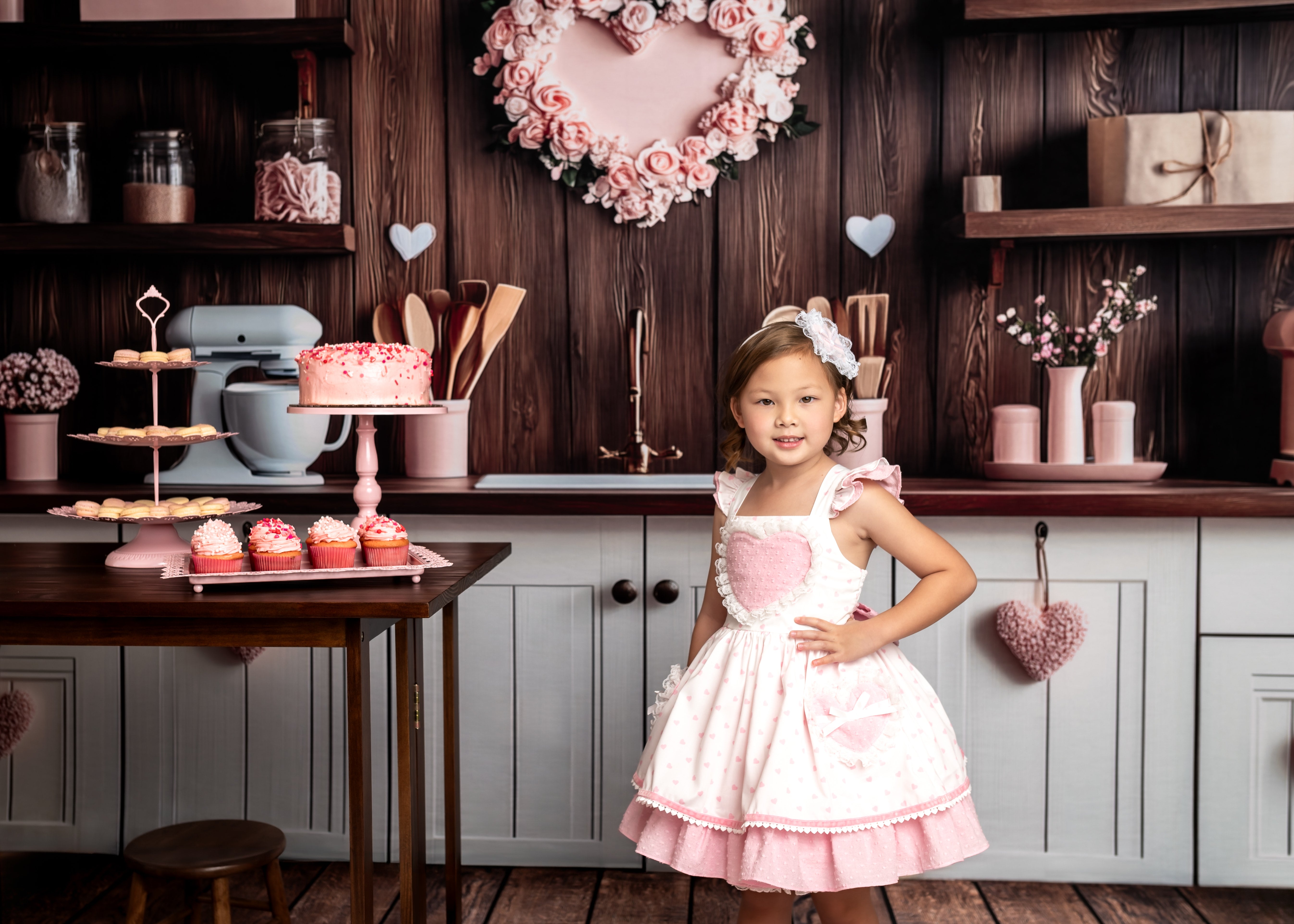 Kate Valentine's Day Pink Kitchen Hearts Backdrop Designed by Patty Roberts - Kate Backdrop AU