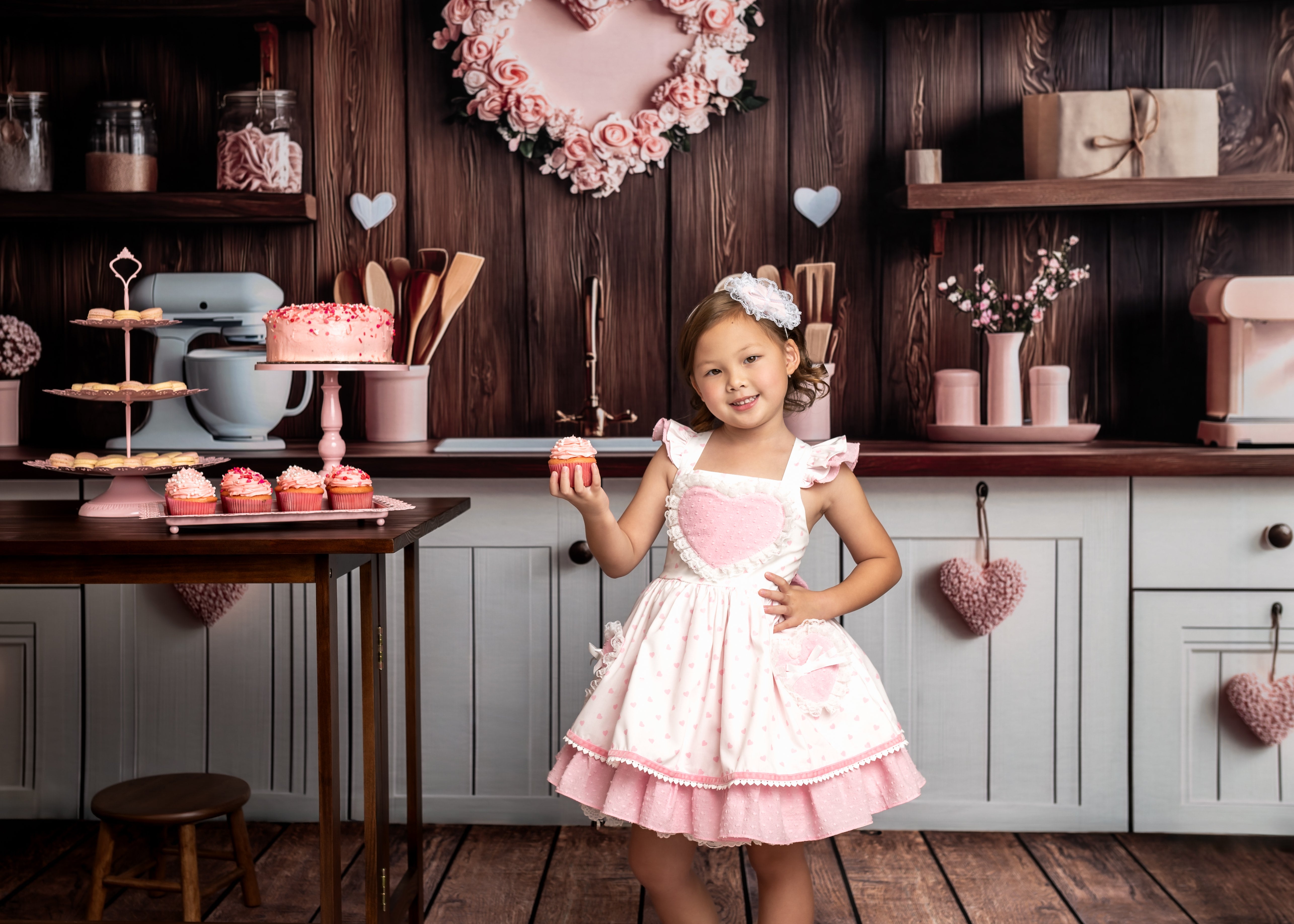 Kate Valentine's Day Pink Kitchen Hearts Backdrop Designed by Patty Roberts - Kate Backdrop AU