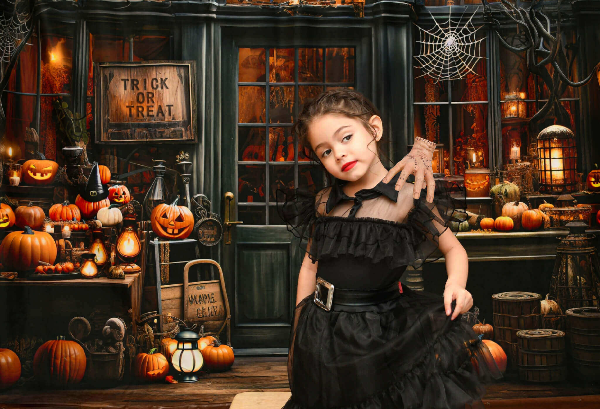 Kate Halloween Spooky Pumpkin Store Trick or Treat Backdrop Designed by Emetselch