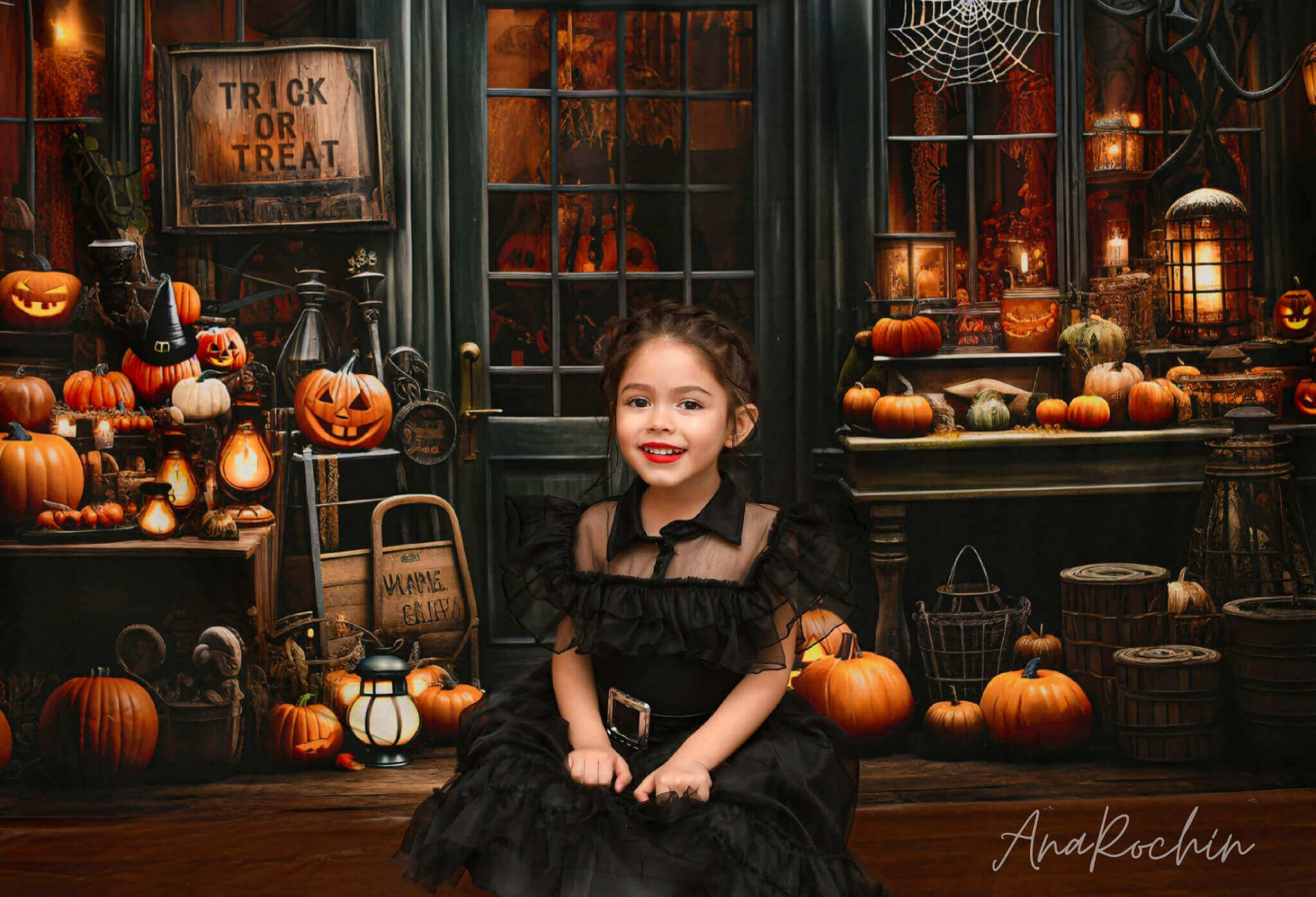 Kate Halloween Spooky Pumpkin Store Trick or Treat Backdrop Designed by Emetselch