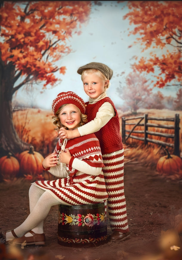 Kate Autumn Backdrop Outdoor Maple Leaves Forest Field Pumpkin Path for Photography