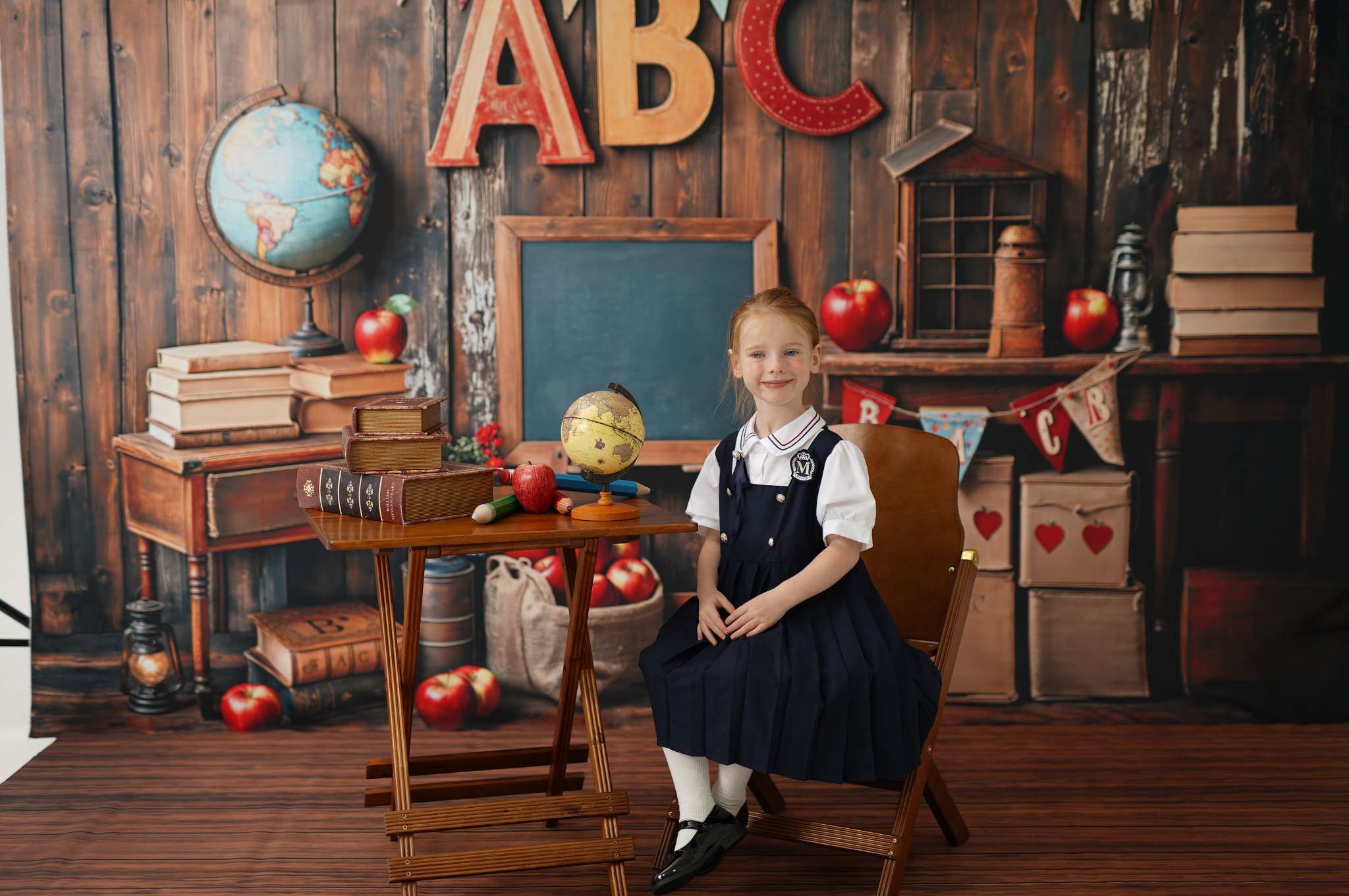 Kate Back to School Apple ABC Backdrop+Wooden Floor Backdrop