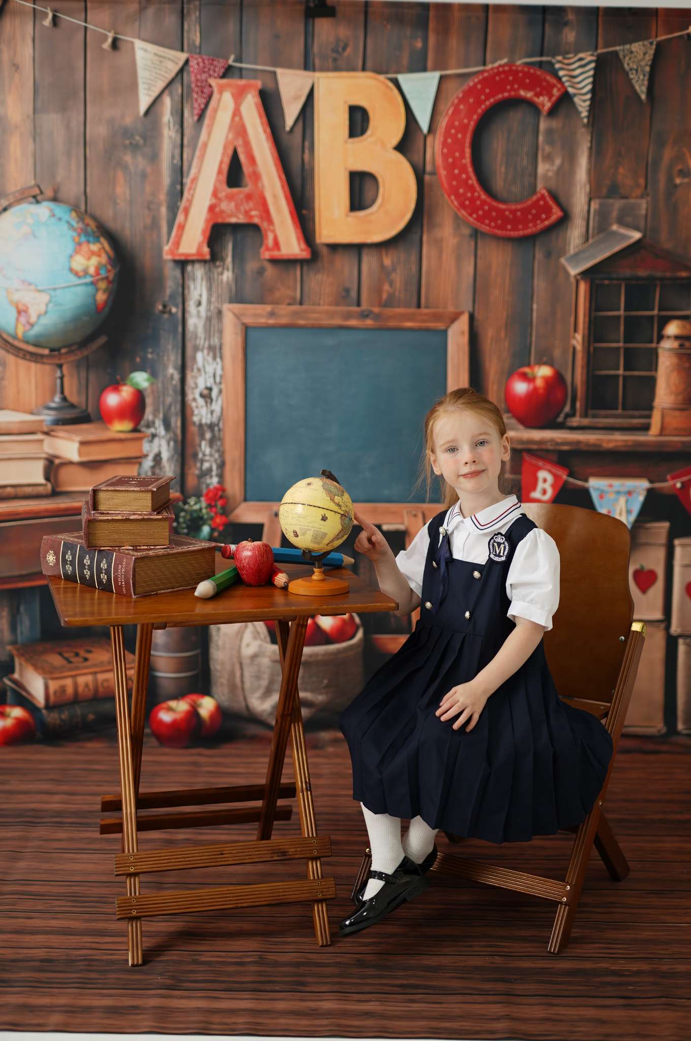 Kate Back to School Apple ABC Backdrop+Wooden Floor Backdrop