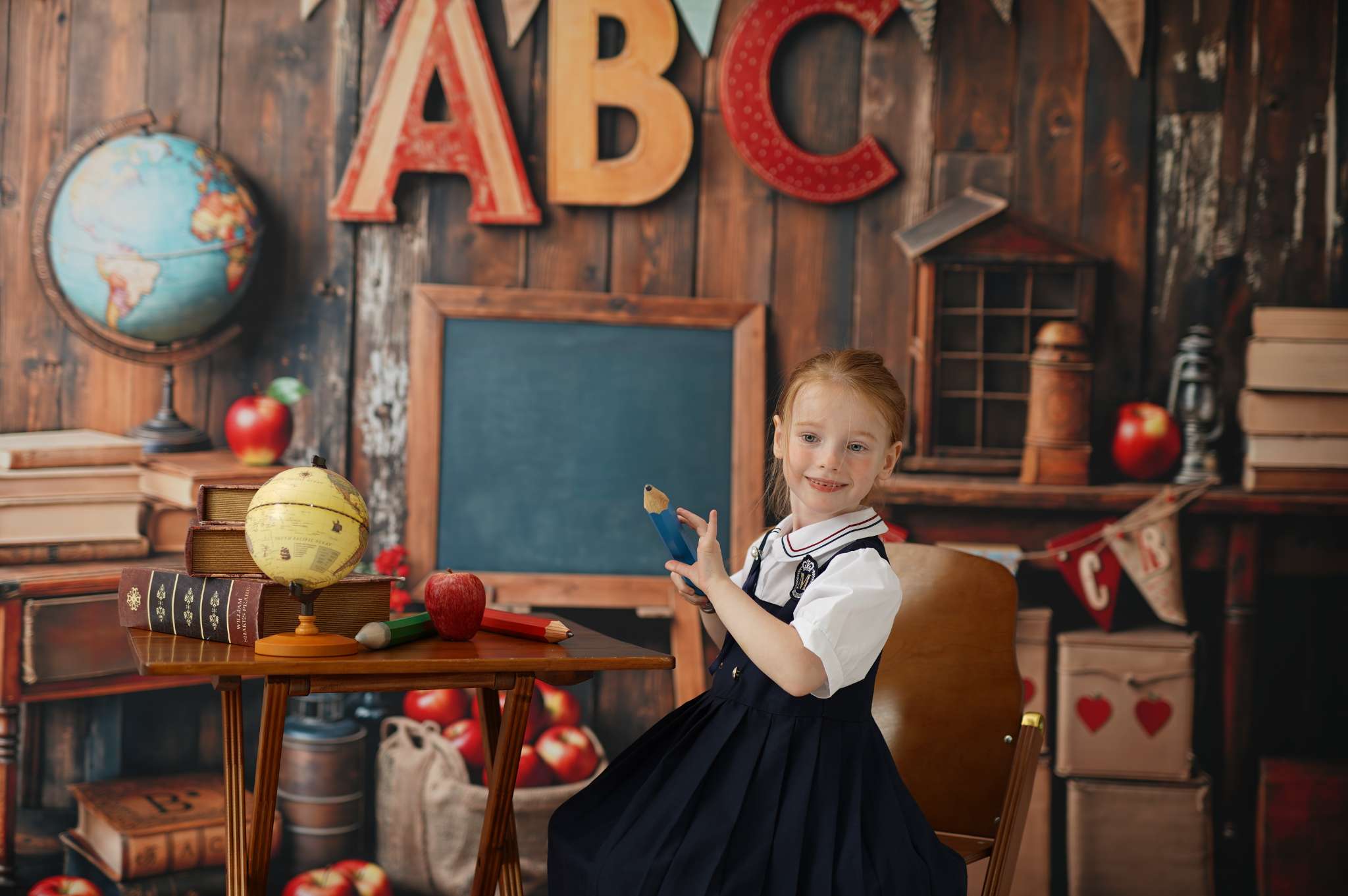 Kate Back to School Apple ABC Backdrop+Wooden Floor Backdrop