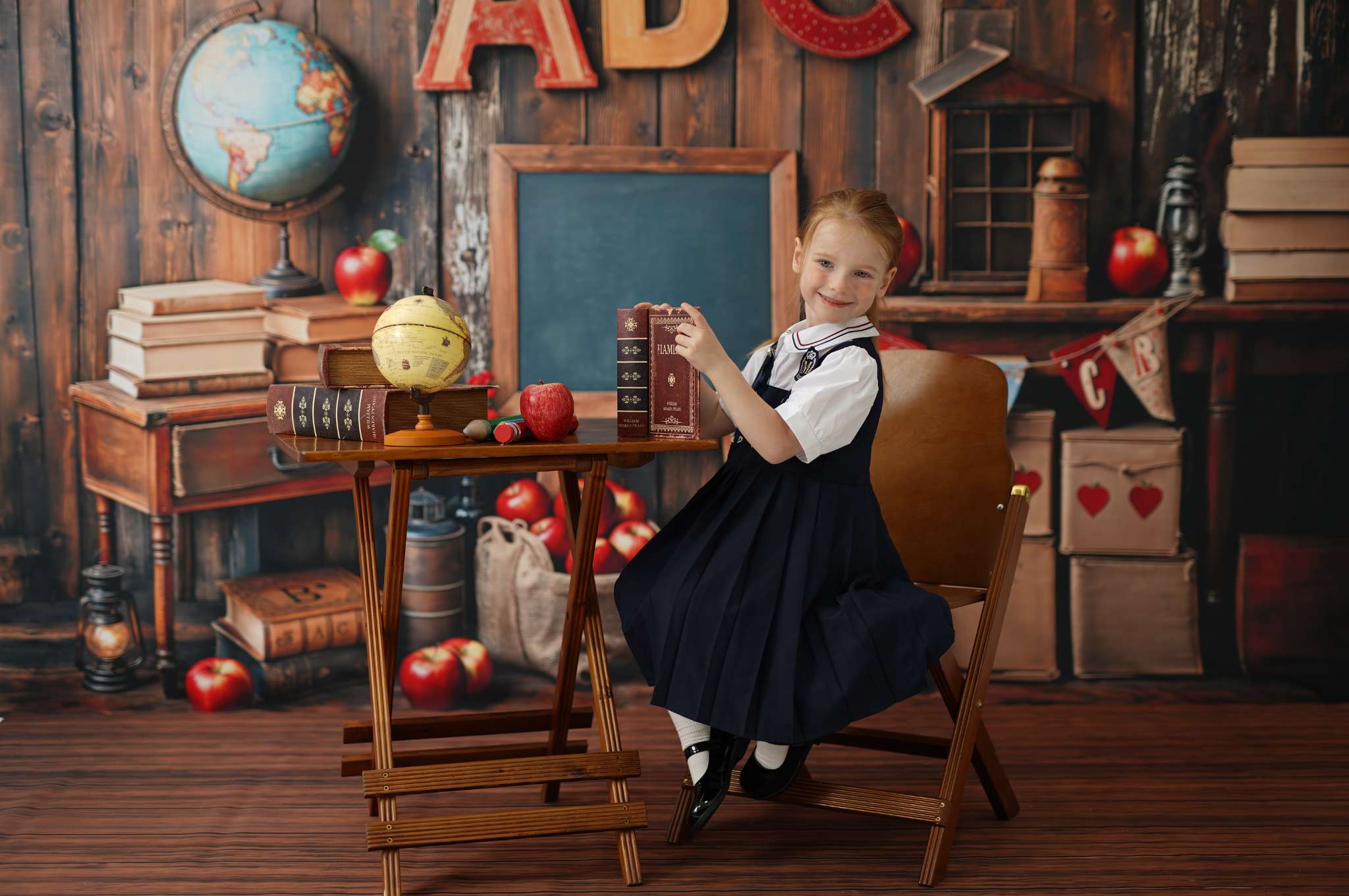 Kate Back to School Apple ABC Backdrop+Wooden Floor Backdrop
