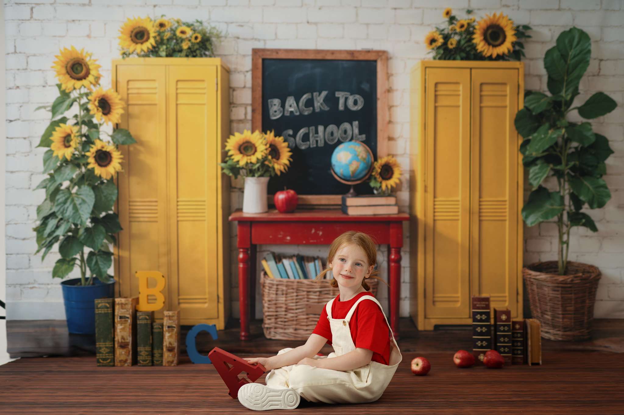 Kate Back to School Sunflowers Backdrop+Brown Wood Floor Backdrop for Photography