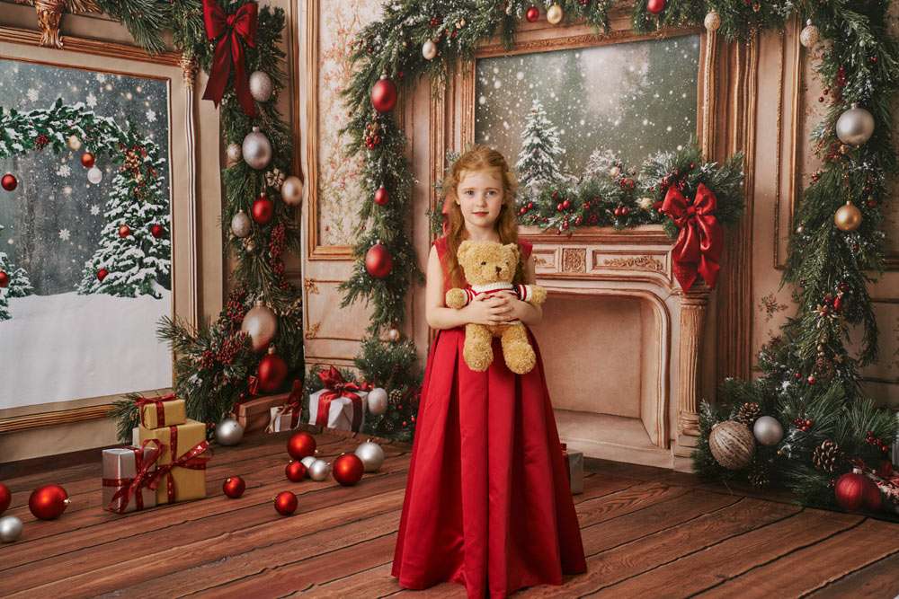 Kate Christmas Fireplace Vintage Wooden Floor Room Set - Kate Backdrop AU