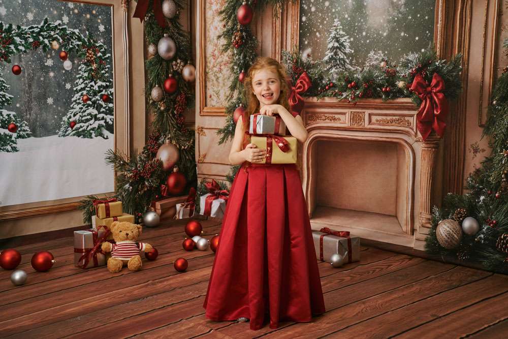 Kate Christmas Fireplace Vintage Wooden Floor Room Set - Kate Backdrop AU