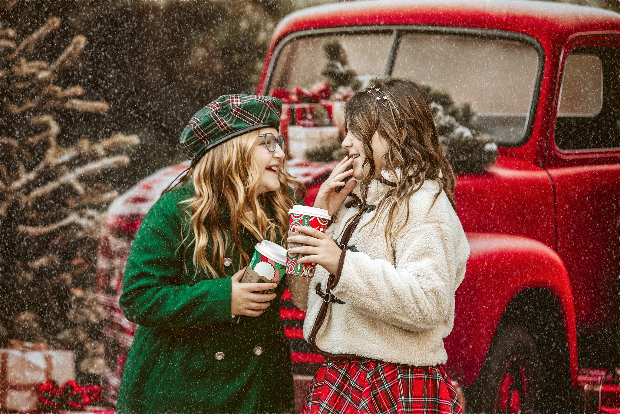 Kate Christmas Red Truck Plaid Forest Backdrop