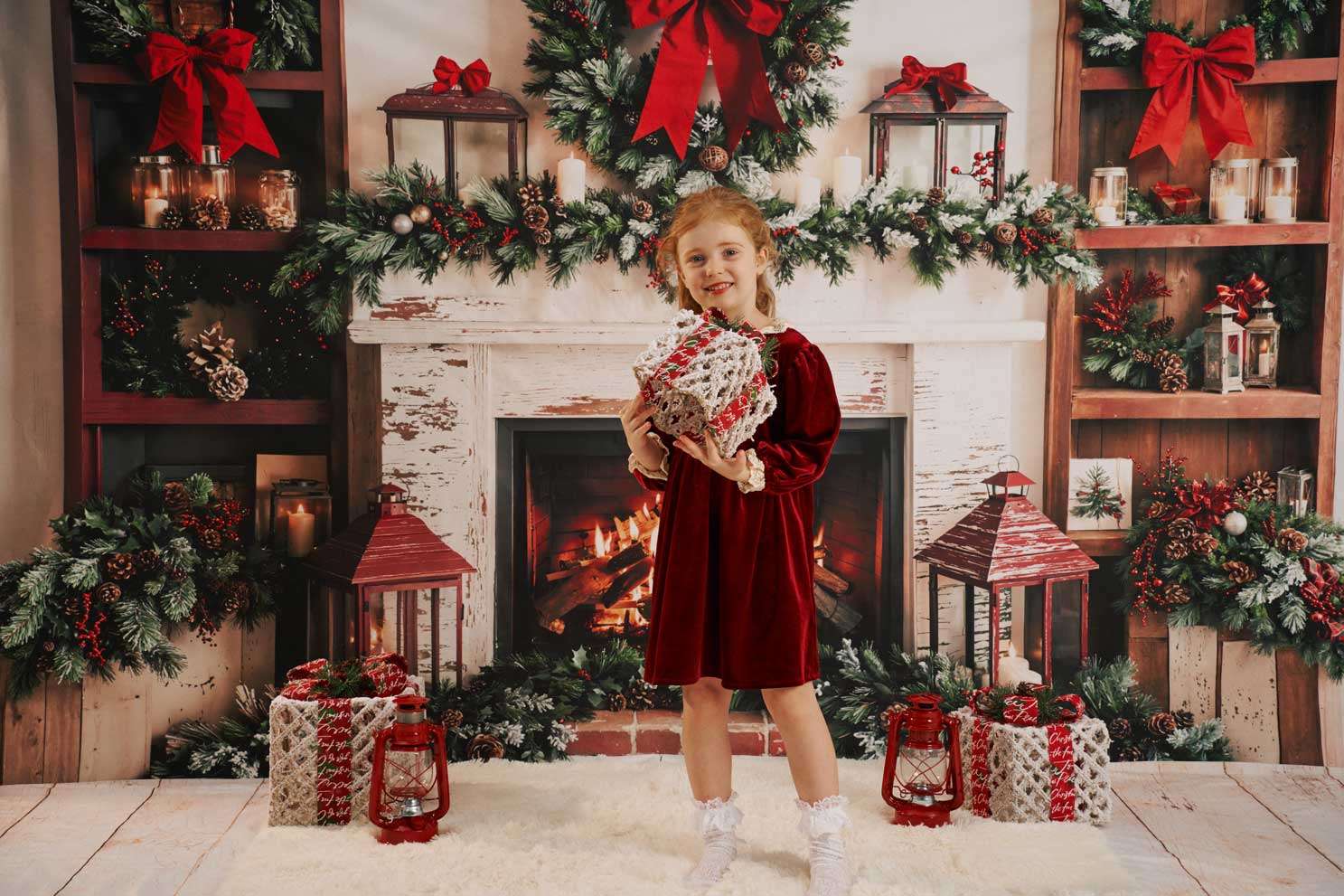 Kate Christmas Fireplace Bow Backdrop+Wood Floor Backdrop - Kate Backdrop AU