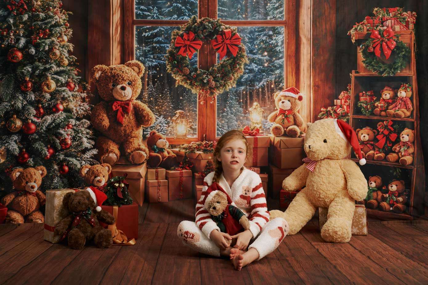 Kate Christmas Teddy Bear Gift Backdrop+Wood Floor Backdrop - Kate Backdrop AU