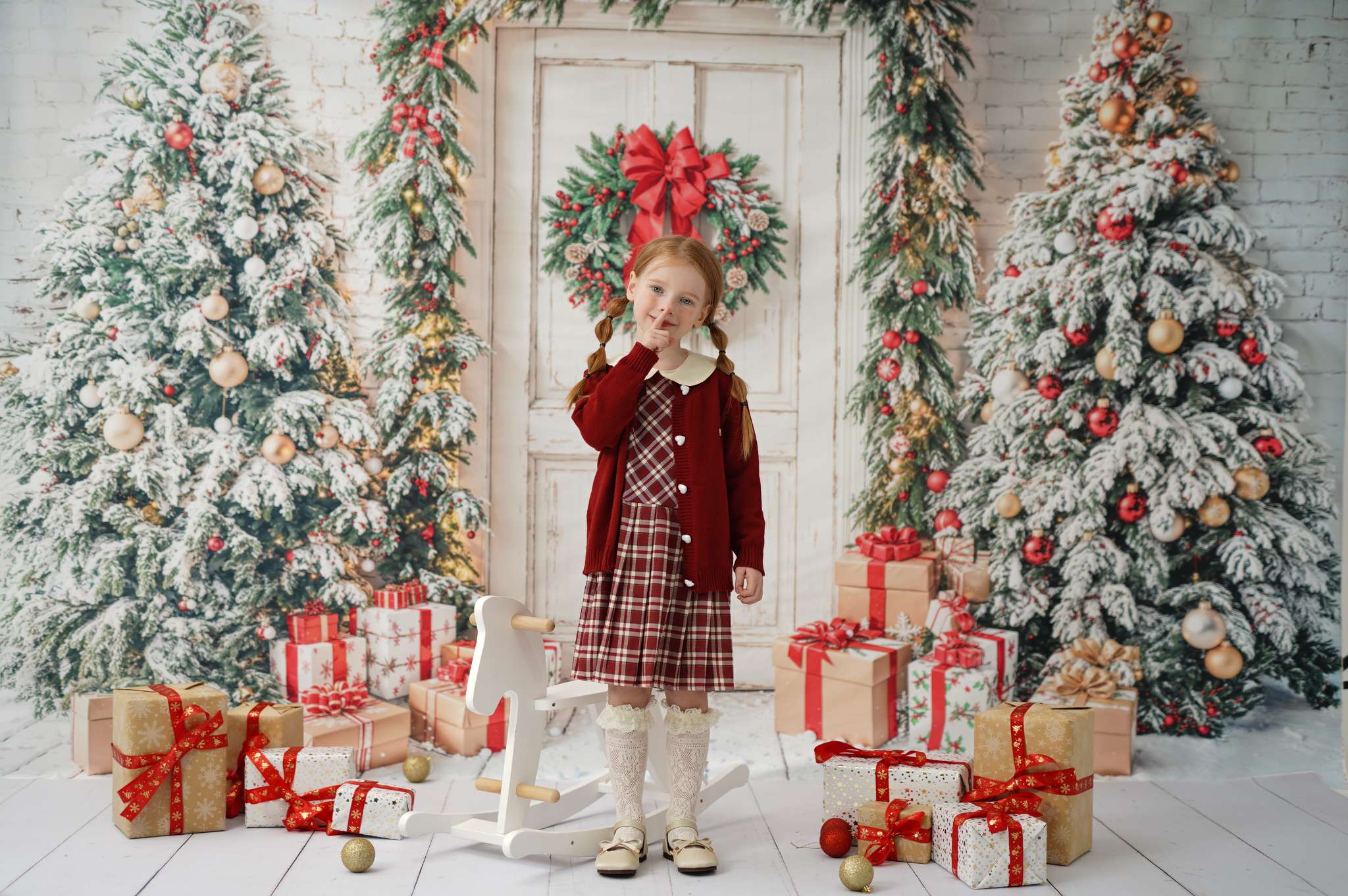 Kate Christmas Tree Retro Door Backdrop+Wood Grain Floor Backdrop for Photography