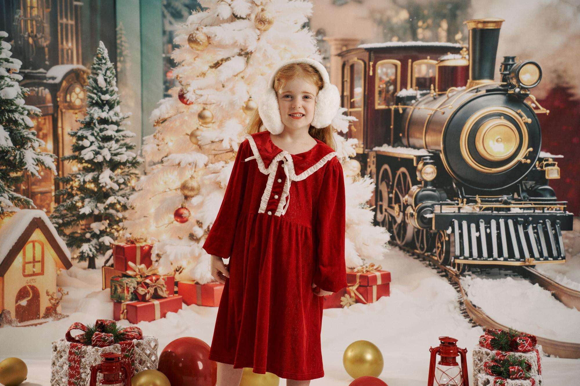 Kate Christmas Tree Snow Train Backdrop for Photography Designed by Emetselch