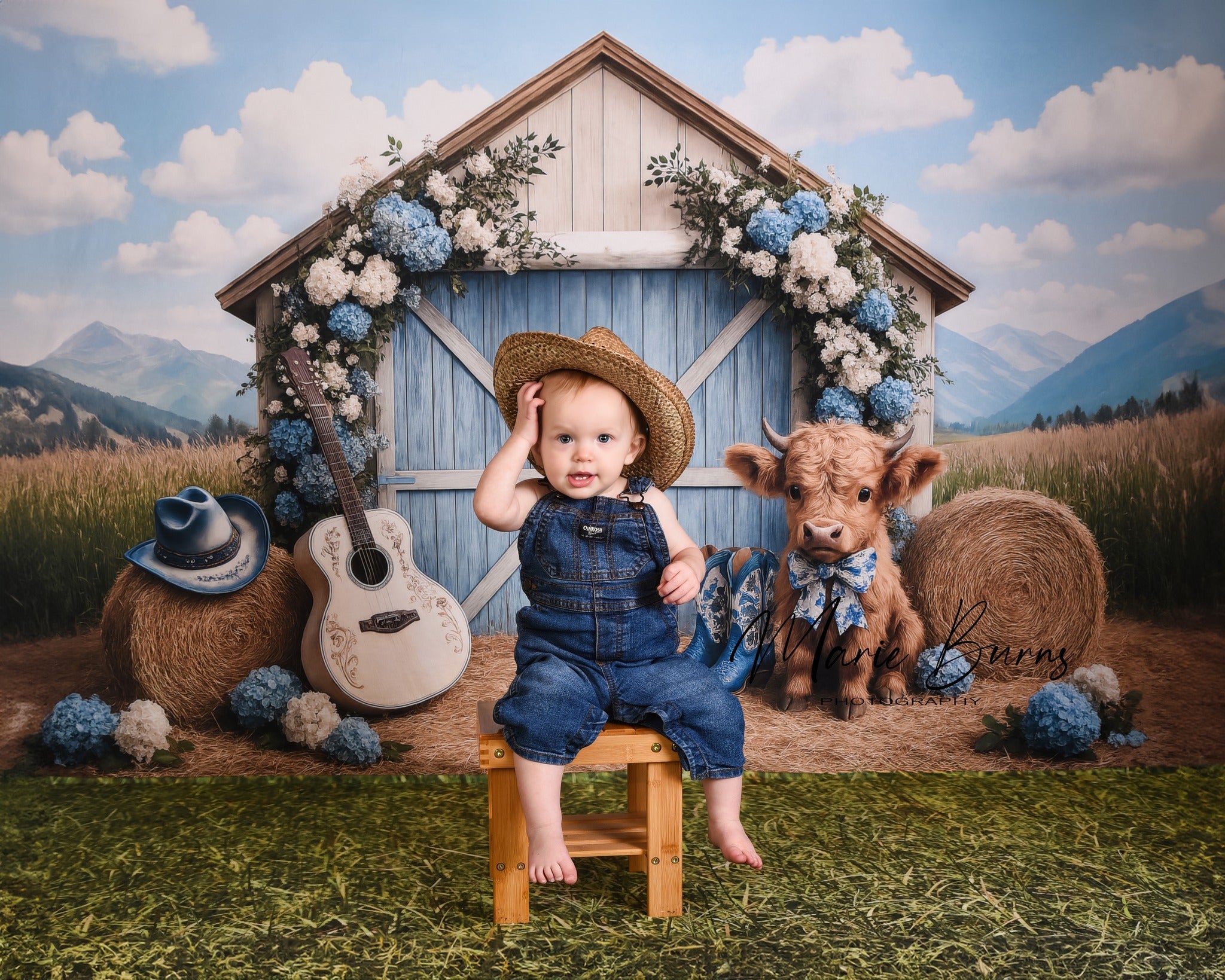Kate Country Outdoor Barn Floral Cow Backdrop Designed by Ashley Paul