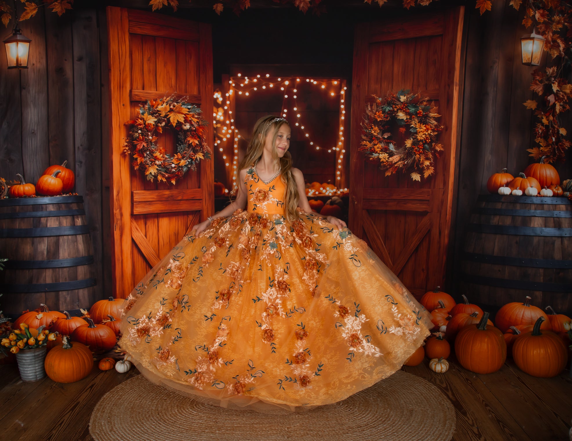Kate Fall Barn Wooden Door Pumpkins Backdrop