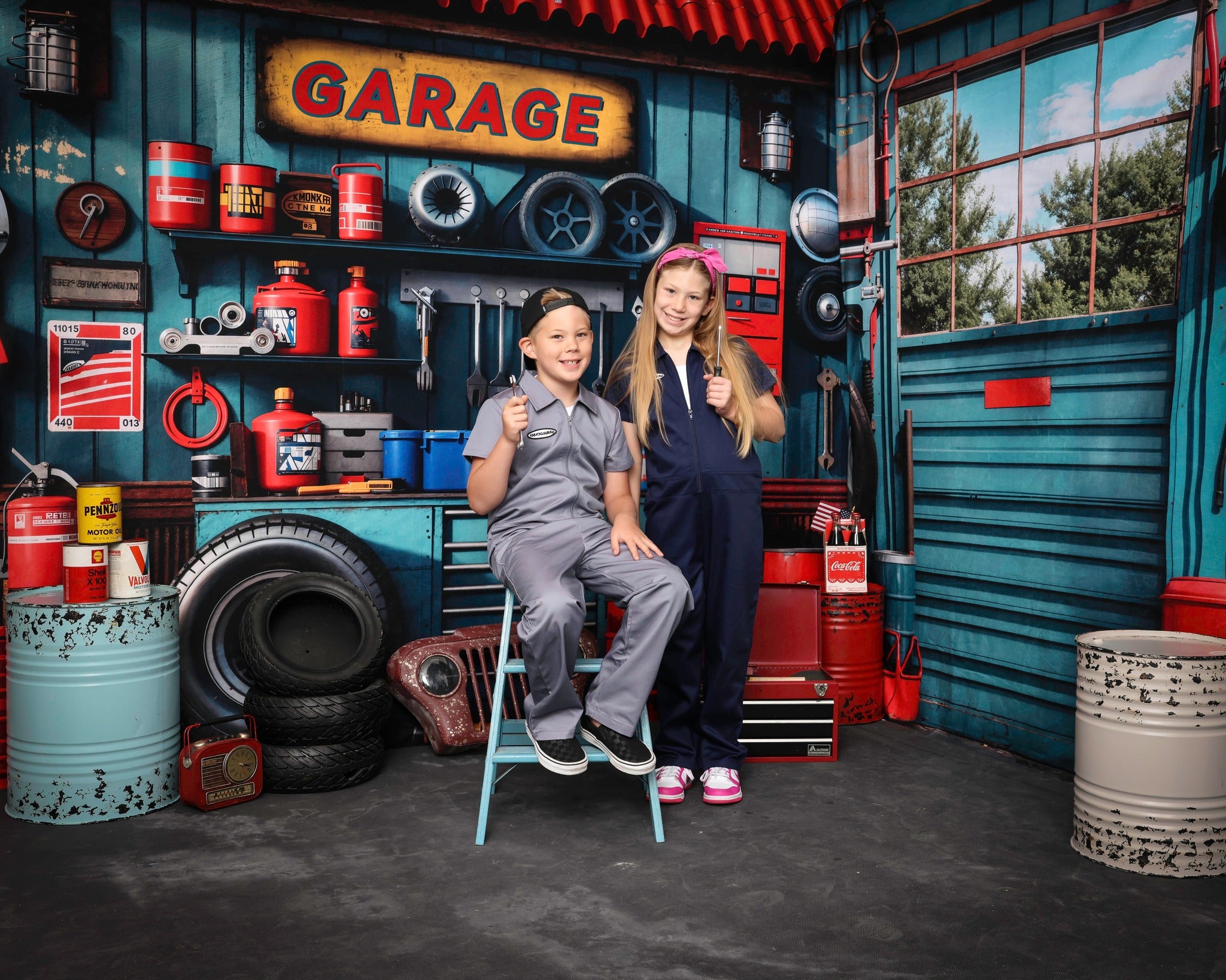 Kate Father's Day Blue Garage Wall Metal Frame Window Room Set(8ftx8ft&10ftx8ft&8ftx10ft) - Kate Backdrop AU