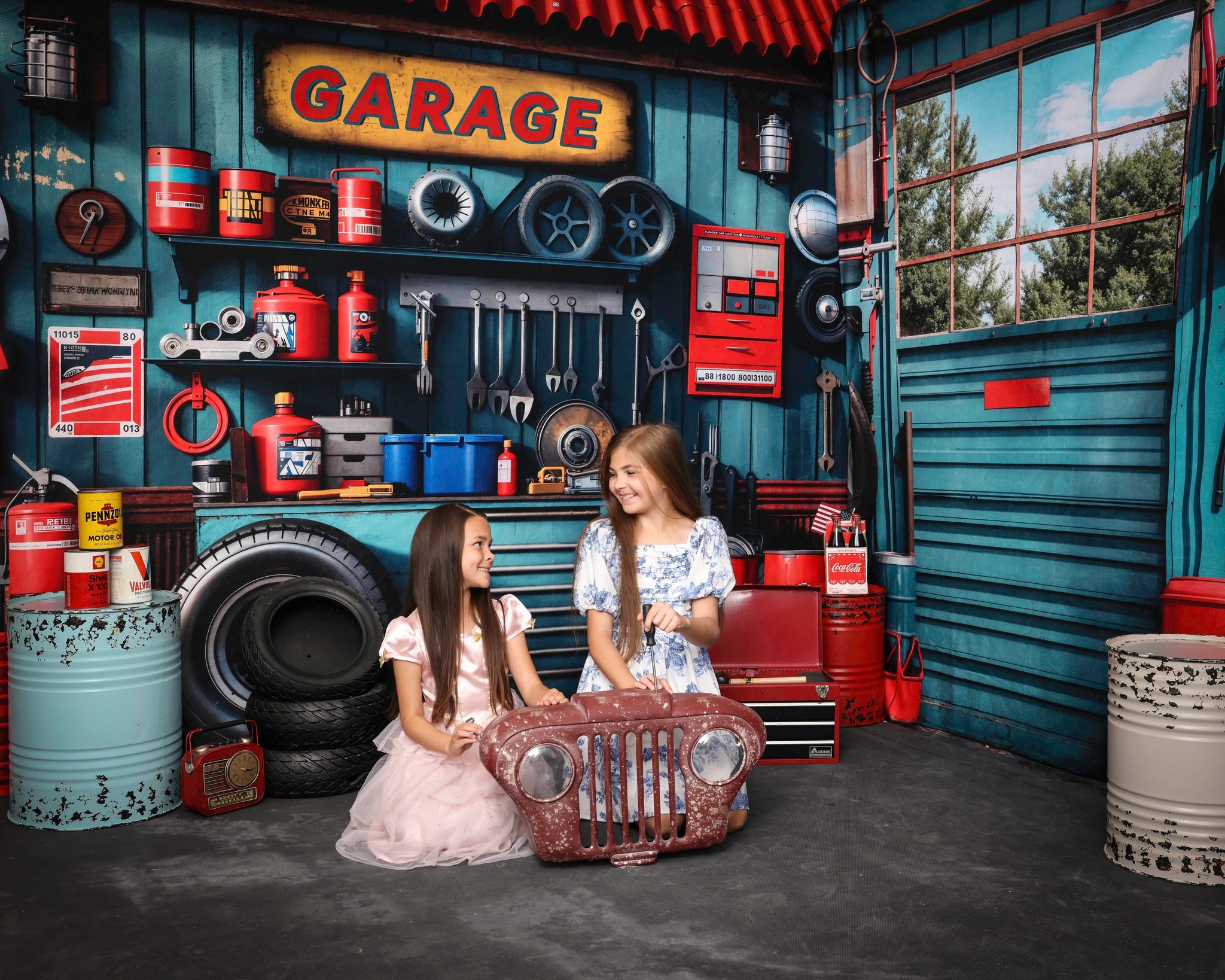 Kate Father's Day Blue Garage Wall Metal Frame Window Room Set(8ftx8ft&10ftx8ft&8ftx10ft) - Kate Backdrop AU