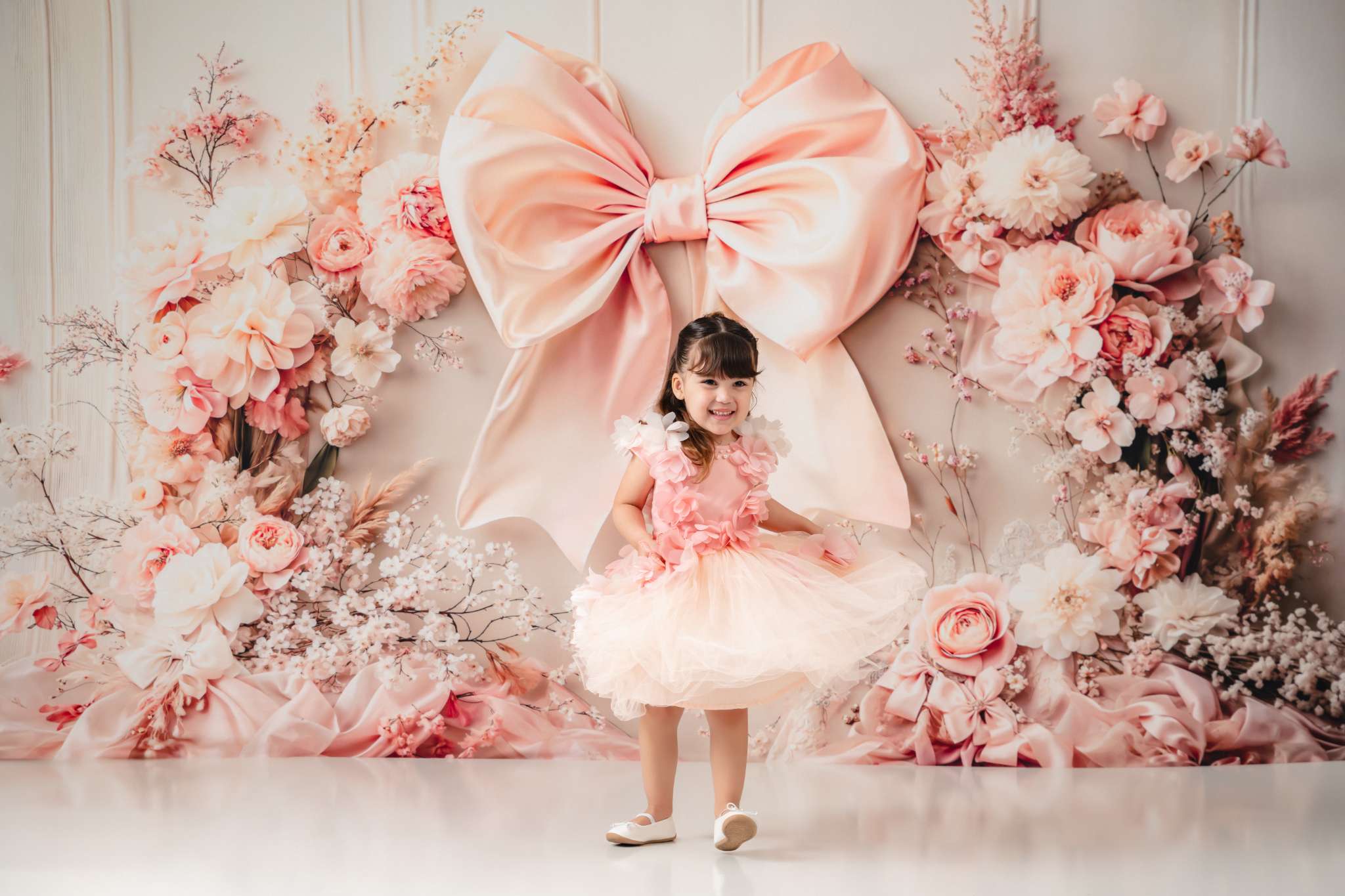 Kate Fleece Pink Flowers Bow Backdrop Birthday Cake Smash Designed by Emetselch