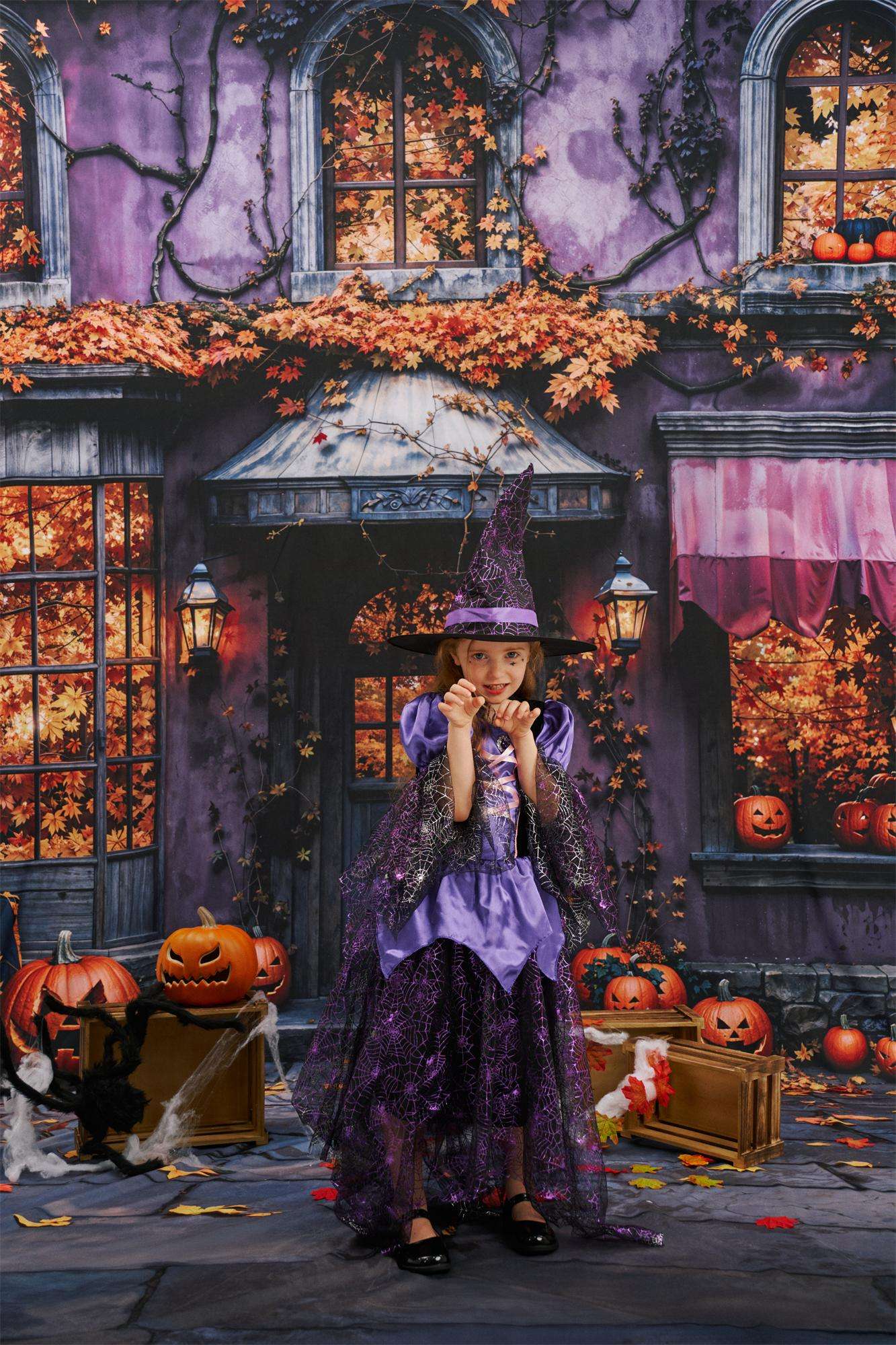 Kate Halloween Pumpkins Autumn Leaves Cobblestone Backdrop Designed by Chain - Kate Backdrop AU