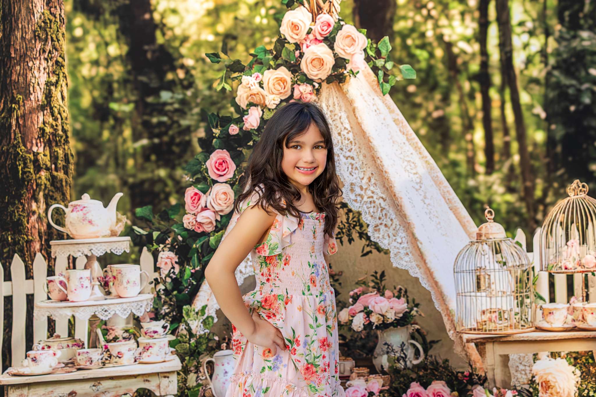 Kate Teapot Tree Before Forest Backdrop Spring Designed by Ashley Paul - Kate Backdrop AU