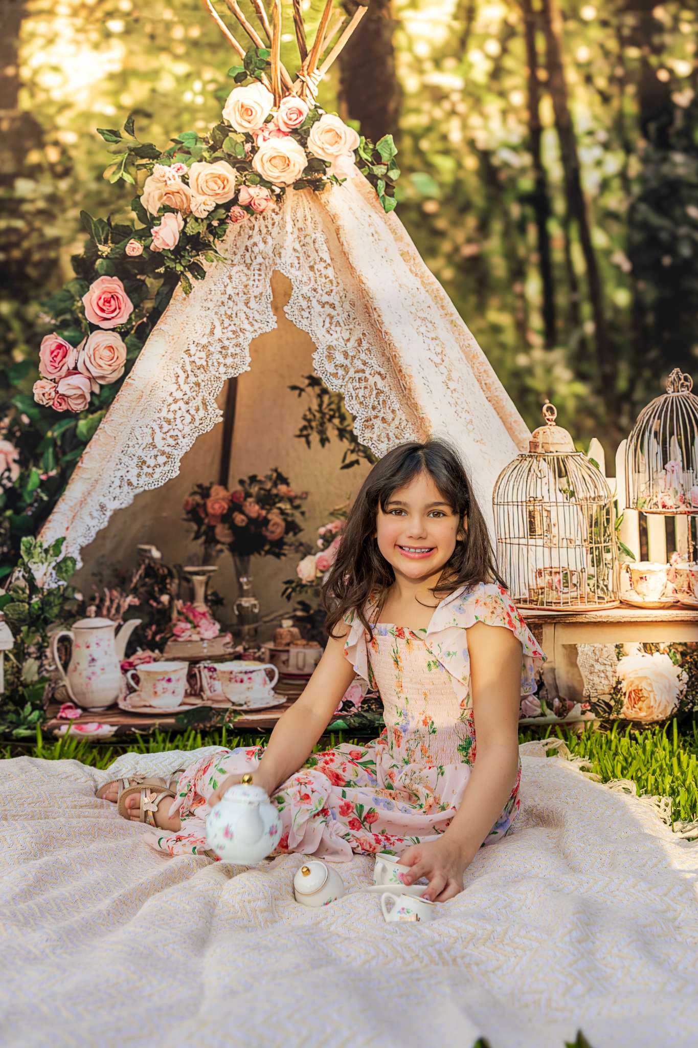 Kate Teapot Tree Before Forest Backdrop Spring Designed by Ashley Paul - Kate Backdrop AU