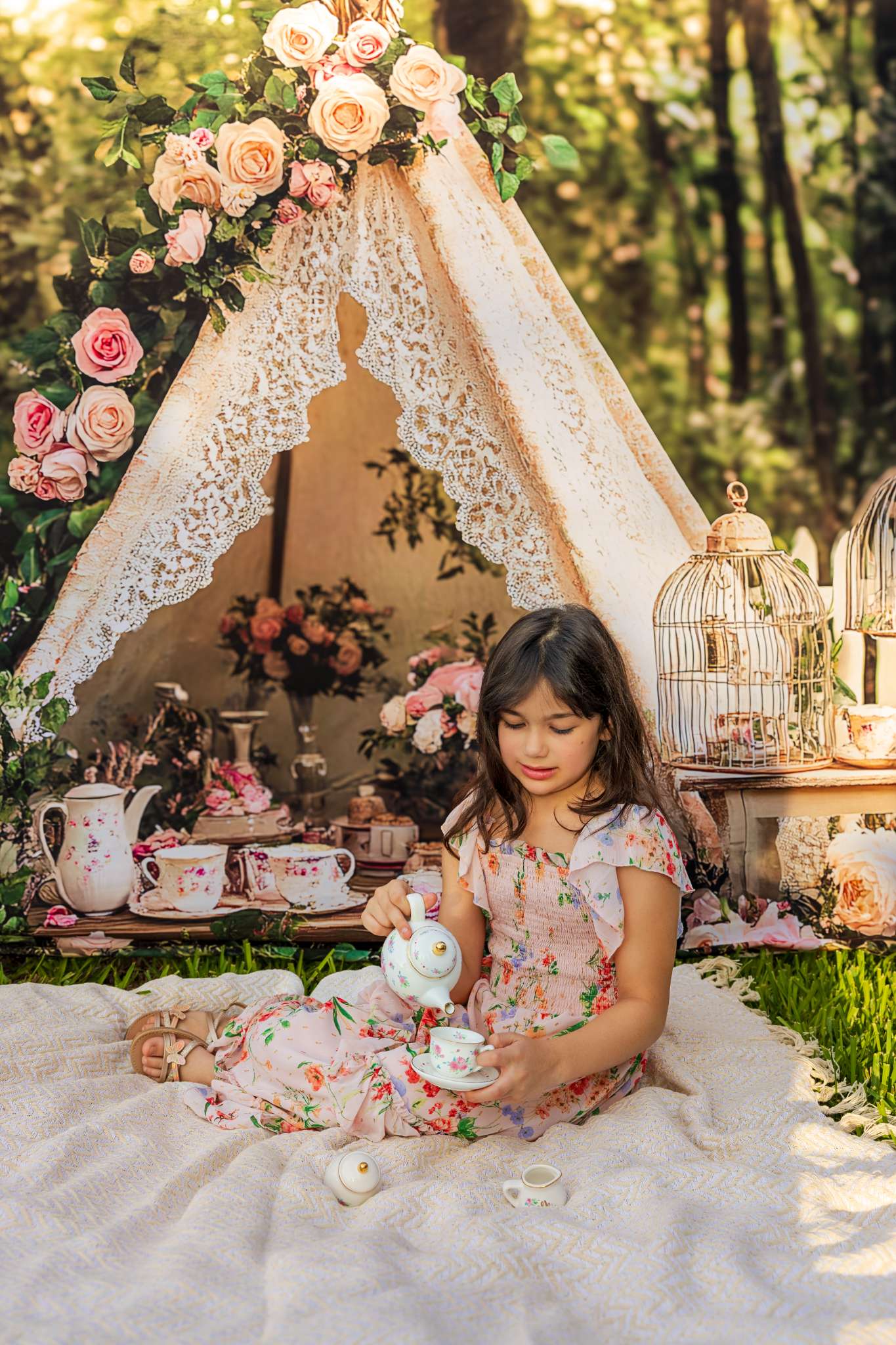 Kate Teapot Tree Before Forest Backdrop Spring Designed by Ashley Paul - Kate Backdrop AU