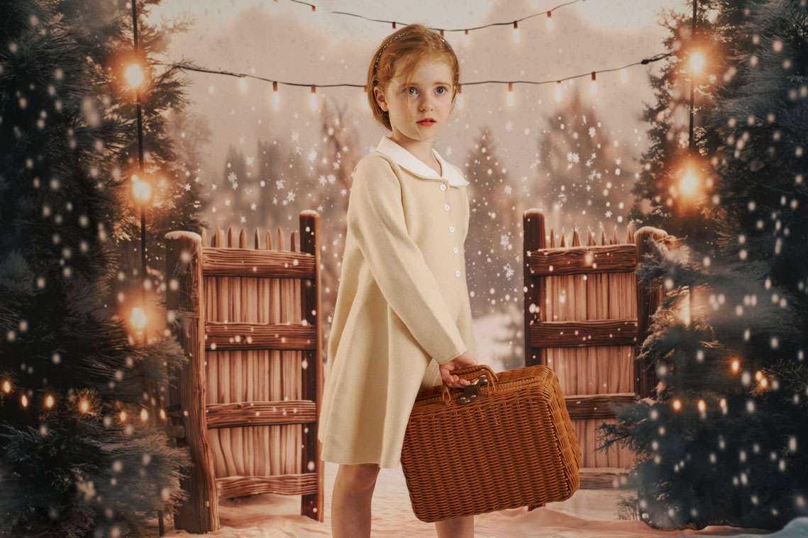 Kate Winter Snow Gate Pine Trees Lights Backdrop Designed by Chain - Kate Backdrop AU