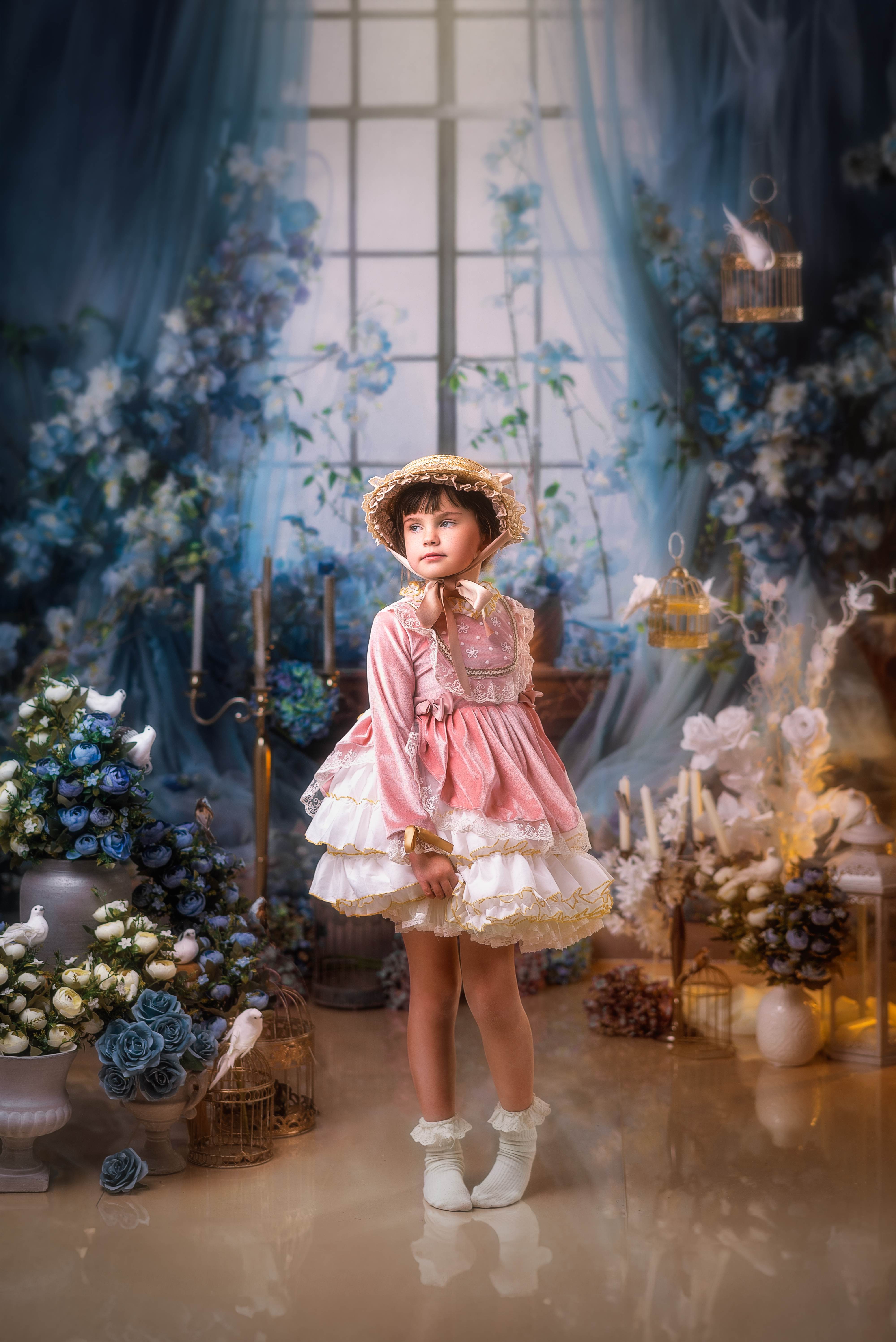 Kate Blue Flower Curtain Window Room Backdrop Designed by Emetselch - Kate Backdrop AU