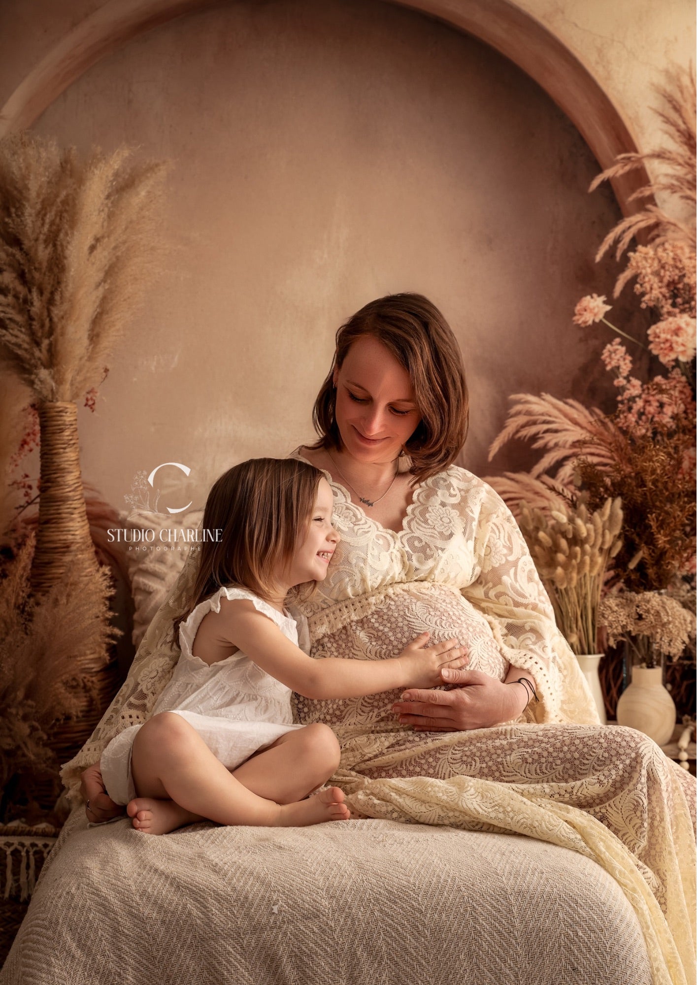 Kate Fleece Boho Flower Arch Beige Backdrop Designed by Emetselch