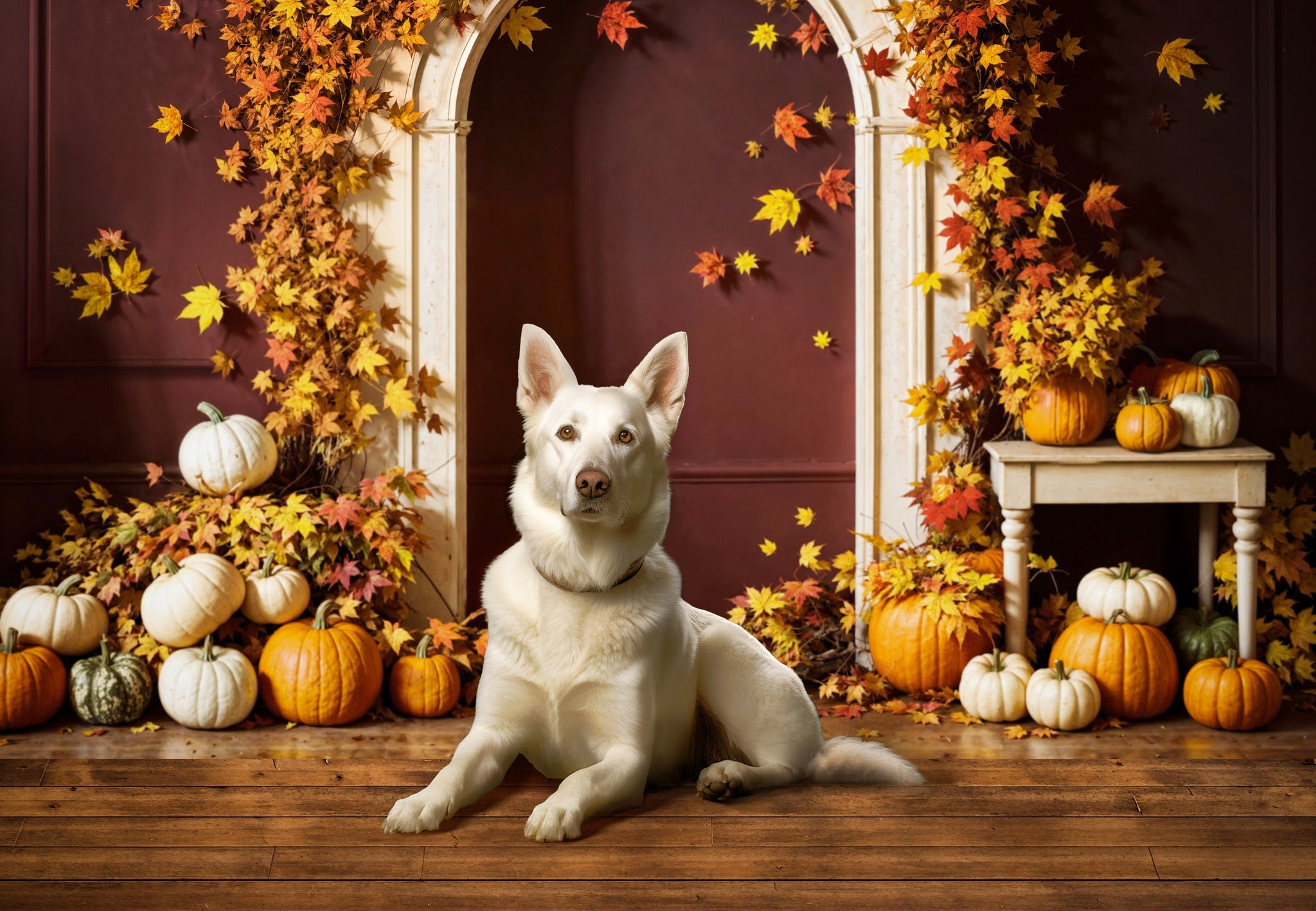 Kate Autumn Pumpkin Maple Leaf Arch Backdrop+Wooden Floor Backdrop