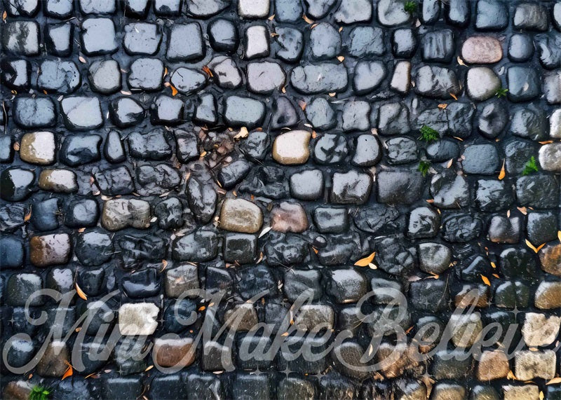 Kate Black Rain Covered Cobblestone Rubber Floor Mat designed by Mini MakeBelieve - Kate Backdrop AU