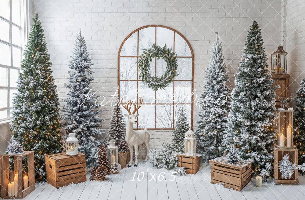 Kate Christmas Snowy Trees Reindeer Window Backdrop Designed by Emetselch