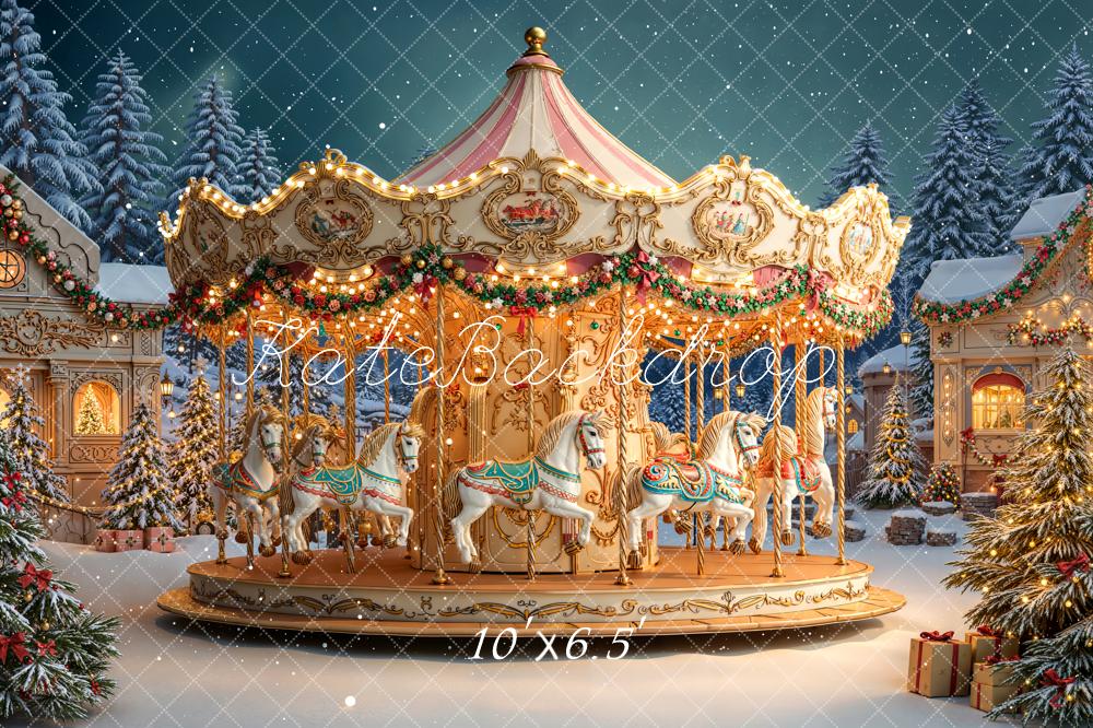 Kate Carousel Christmas Snow Fleece Backdrop Designed by Chain - Kate Backdrop AU