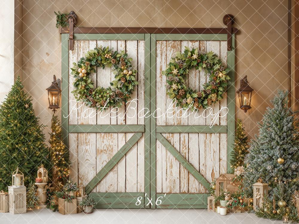 Kate Christmas Barn Door Trees Fleece Backdrop Designed by Emetselch