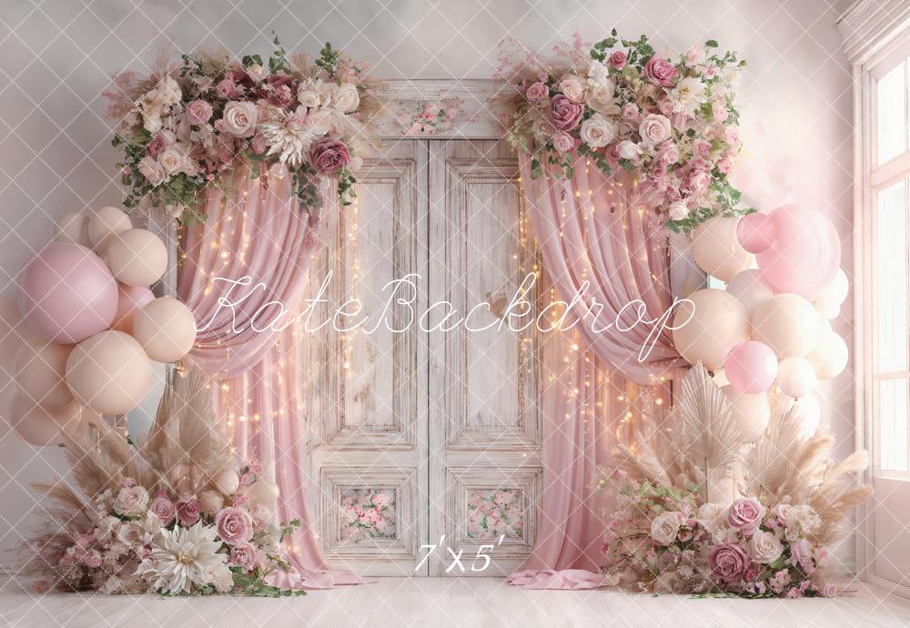 Lightning Deals-C1 Kate Wedding Pink Flower Balloons Retro Door Backdrop Designed by Ashley Paul