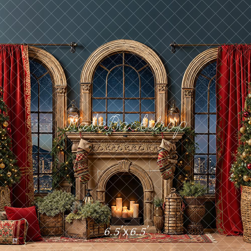 Kate Christmas Fireplace Windows Night Backdrop Designed by Emetselch