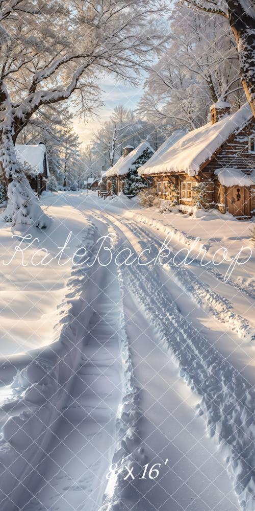 Kate Sweep Winter Snow Covered Cottages Trees Backdrop Designed by Emetselch