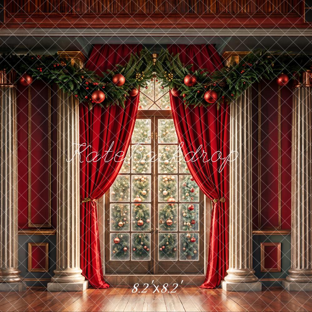 Kate Christmas Window Tree Red Curtains Backdrop Designed by Chain