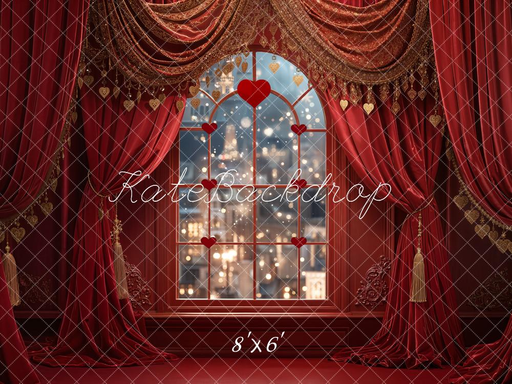 Kate Valentine Red Curtains Heart Window Backdrop Designed by Emetselch