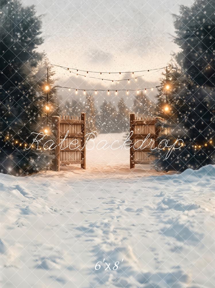 Kate Winter Snow Gate Pine Trees Lights Backdrop Designed by Chain - Kate Backdrop AU