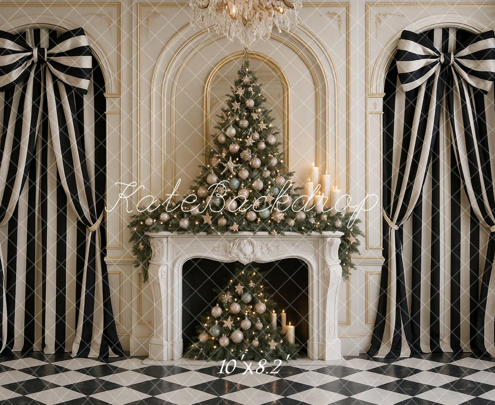 Kate Christmas Tree Fireplace Striped Curtains Backdrop Designed by Ashley Paul - Kate Backdrop AU