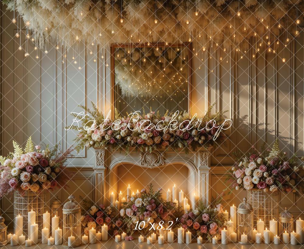 Kate Wedding Fireplace Floral Candles Backdrop Designed by Mini MakeBelieve