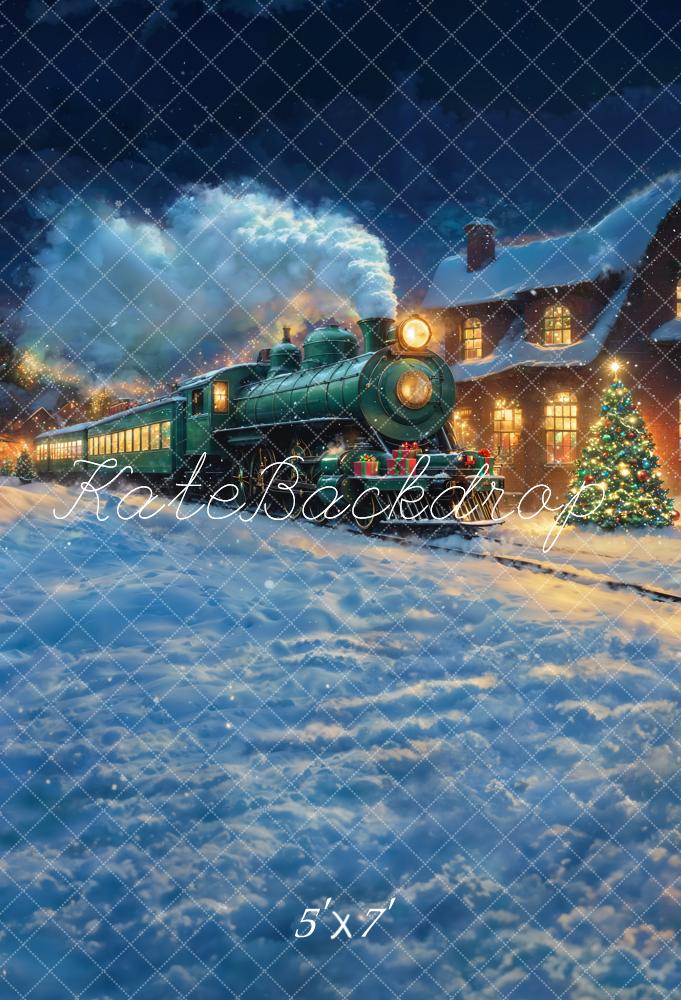 Kate Train Christmas Tree Snow Night Backdrop Designed by Chain - Kate Backdrop AU