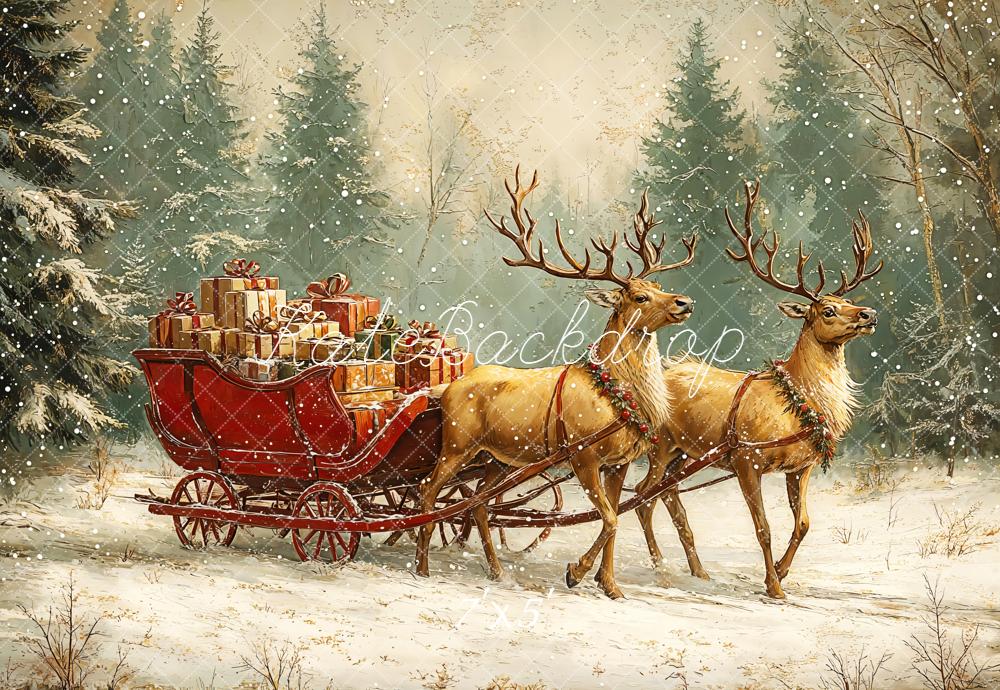 Kate Christmas Backdrop Reindeer Sled Presents Snow Designed by GQ - Kate Backdrop AU