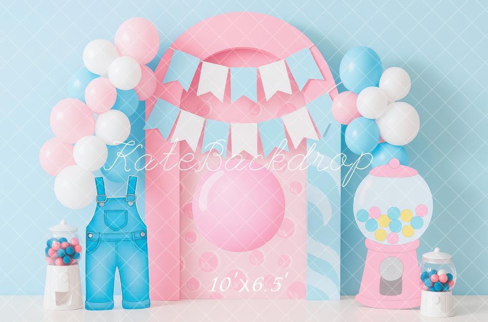 Kate Cake Smash Overalls Gumball Balloons Backdrop Designed by Mini MakeBelieve