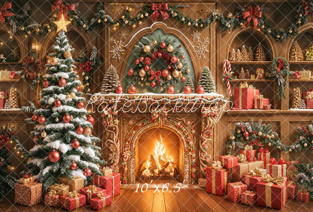 Kate Christmas Fireplace Tree Presents Fleece Backdrop Designed by Emetselch
