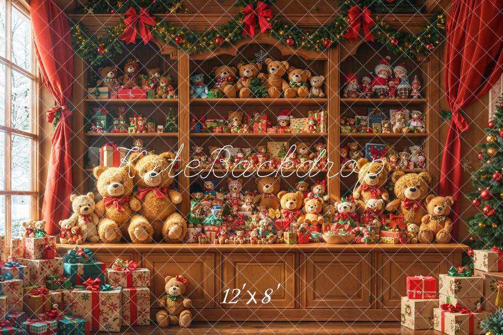 Kate Christmas Teddy Bears Presents Cabinet Fleece Backdrop Designed by Emetselch - Kate Backdrop AU