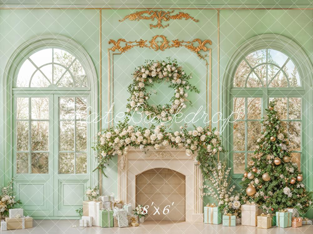 Kate Christmas Fireplace Floral Green Fleece Backdrop Designed by Emetselch - Kate Backdrop AU